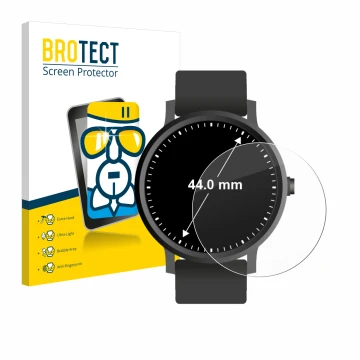 Front side of a product packaging with the brand logo BROTECT. Next to it is the device Watches (Circular, ø: 44 mm) shown wit