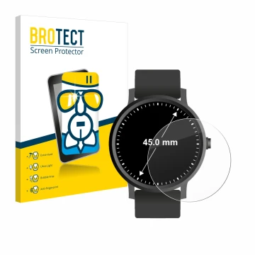 Front side of a product packaging with the brand logo BROTECT. Next to it is the device Watches (Circular, ø: 45 mm) shown wit
