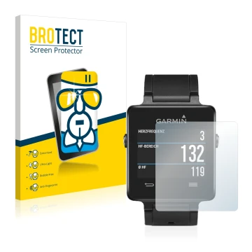 Front side of a product packaging with the brand logo BROTECT. Next to it is the device Garmin vivoactive shown with the corre