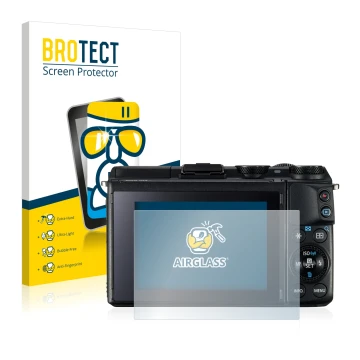 Front side of a product packaging with the brand logo BROTECT. Next to it is the device Canon EOS M3 shown with the correspond