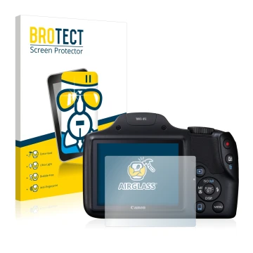 Front side of a product packaging with the brand logo BROTECT. Next to it is the device Canon PowerShot SX530 HS shown with th