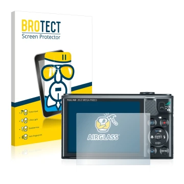 Front side of a product packaging with the brand logo BROTECT. Next to it is the device Canon PowerShot SX610 HS shown with th