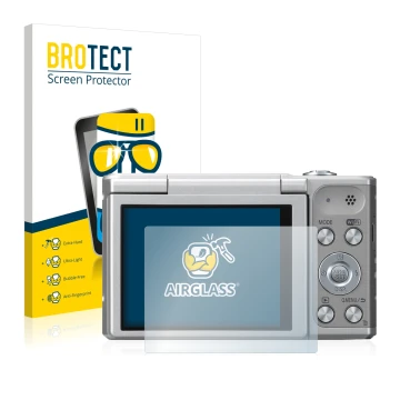 Front side of a product packaging with the brand logo BROTECT. Next to it is the device Panasonic Lumix DMC-SZ10 shown with th