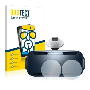 Front side of a product packaging with the brand logo BROTECT. Next to it is the device Samsung Gear VR shown with the corresp