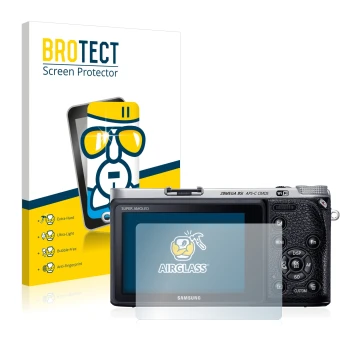 Front side of a product packaging with the brand logo BROTECT. Next to it is the device Samsung NX500 shown with the correspon