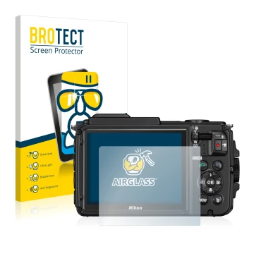 Front side of a product packaging with the brand logo BROTECT. Next to it is the device Nikon Coolpix AW130 shown with the cor