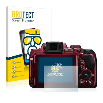 Front side of a product packaging with the brand logo BROTECT. Next to it is the device Nikon Coolpix P610 shown with the corr