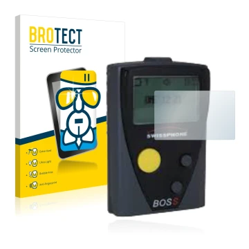 Front side of a product packaging with the brand logo BROTECT. Next to it is the device Swissphone Boss 910 shown with the cor