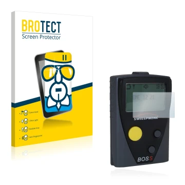 Front side of a product packaging with the brand logo BROTECT. Next to it is the device Swissphone Boss 925 V shown with the c
