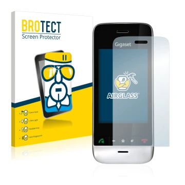 Front side of a product packaging with the brand logo BROTECT. Next to it is the device Gigaset SL910 (oblong cutout) shown wi