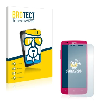 Front side of a product packaging with the brand logo BROTECT. Next to it is the device BLU Star 4.5 Design Edition shown with