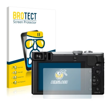 Front side of a product packaging with the brand logo BROTECT. Next to it is the device Panasonic Lumix DMC-TZ70 shown with th