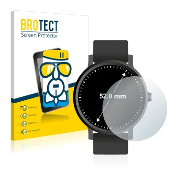 Front side of a product packaging with the brand logo BROTECT. Next to it is the device Watches (Circular, ø: 52 mm) shown wit