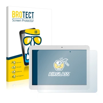 Front side of a product packaging with the brand logo BROTECT. Next to it is the device i.onik TM3 Series 1 10.1 shown with th