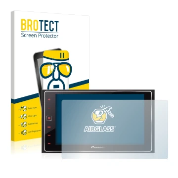 Front side of a product packaging with the brand logo BROTECT. Next to it is the device Pioneer SPH-DA120 shown with the corre