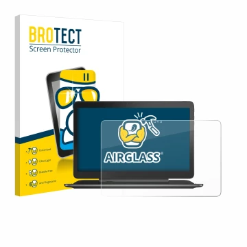 Front side of a product packaging with the brand logo BROTECT. Next to it is the device Dell Latitude 13 7350 shown with the c