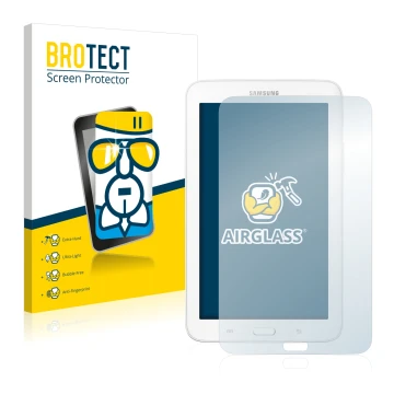 Front side of a product packaging with the brand logo BROTECT. Next to it is the device Samsung Galaxy Tab 3 SM-T113 shown wit