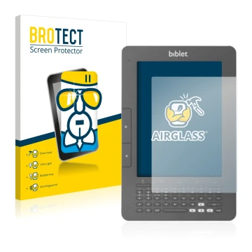 Front side of a product packaging with the brand logo BROTECT. Next to it is the device Biblet eBook Reader shown with the cor