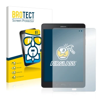 Front side of a product packaging with the brand logo BROTECT. Next to it is the device Samsung Galaxy Tab A 9.7 shown with th