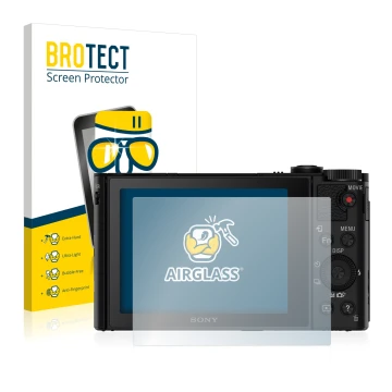 Front side of a product packaging with the brand logo BROTECT. Next to it is the device Sony Cyber-Shot DSC-HX90V shown with t