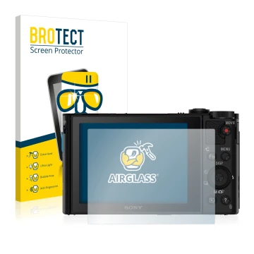 Front side of a product packaging with the brand logo BROTECT. Next to it is the device Sony Cyber-Shot DSC-WX500 shown with t