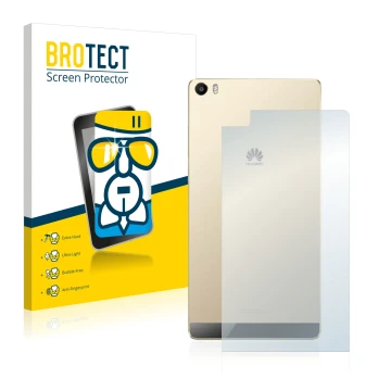 Front side of a product packaging with the brand logo BROTECT. Next to it is the device Huawei P8 Max (Back) shown with the co