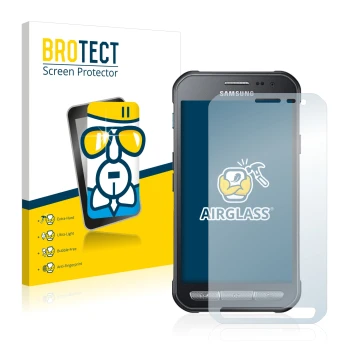 Front side of a product packaging with the brand logo BROTECT. Next to it is the device Samsung Galaxy XCover 3 shown with the