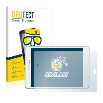 Front side of a product packaging with the brand logo BROTECT. Next to it is the device Samsung Galaxy Tab A 8.0 shown with th