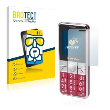 Front side of a product packaging with the brand logo BROTECT. Next to it is the device Olympia Viva Plus shown with the corre