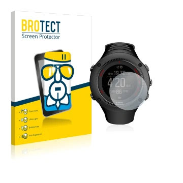 Front side of a product packaging with the brand logo BROTECT. Next to it is the device Suunto Ambit3 Run Black shown with the