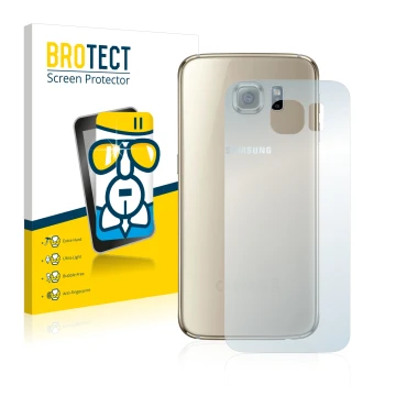 Front side of a product packaging with the brand logo BROTECT. Next to it is the device Samsung SM-G920F (Back) shown with the