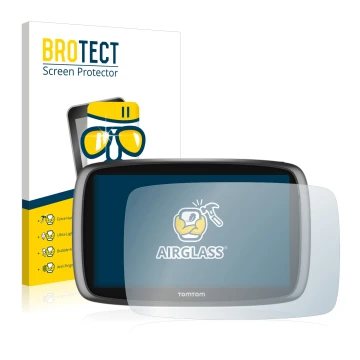 Front side of a product packaging with the brand logo BROTECT. Next to it is the device TomTom GO 6100 shown with the correspo