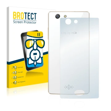 Front side of a product packaging with the brand logo BROTECT. Next to it is the device Oppo A31 2015 (Back) shown with the co