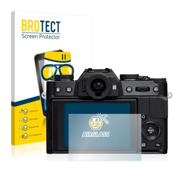 Front side of a product packaging with the brand logo BROTECT. Next to it is the device Fujifilm X-T10 shown with the correspo