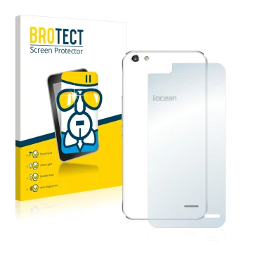 Front side of a product packaging with the brand logo BROTECT. Next to it is the device iOcean X9 (Back) shown with the corres