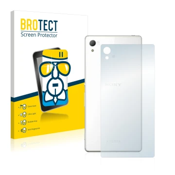 Front side of a product packaging with the brand logo BROTECT. Next to it is the device Sony Xperia Z4 (Back) shown with the c