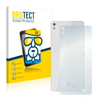 Front side of a product packaging with the brand logo BROTECT. Next to it is the device BLU Vivo Air (Back) shown with the cor