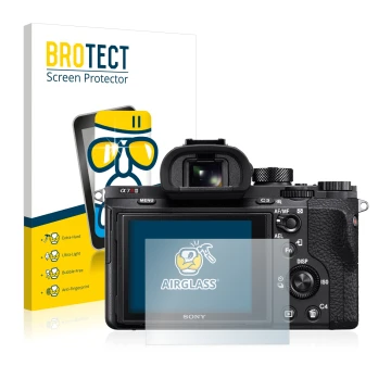 Front side of a product packaging with the brand logo BROTECT. Next to it is the device Sony Alpha 7R II shown with the corres