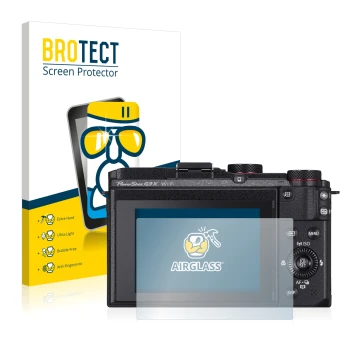 Front side of a product packaging with the brand logo BROTECT. Next to it is the device Canon PowerShot G3 X shown with the co