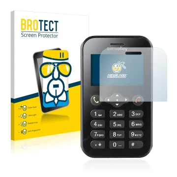 Front side of a product packaging with the brand logo BROTECT. Next to it is the device Simvalley Mobile RX-484 Pico shown wit