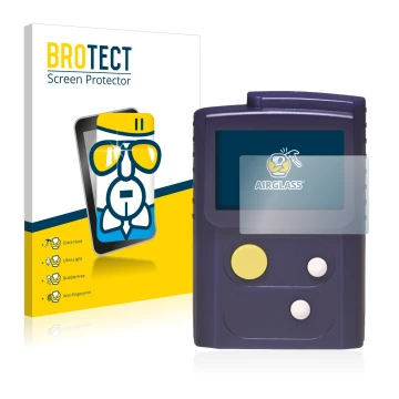 Front side of a product packaging with the brand logo BROTECT. Next to it is the device Swissphone RES.Q shown with the corres