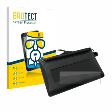 Front side of a product packaging with the brand logo BROTECT. Next to it is the device Topaz T-LBK460-HSB-R shown with the co