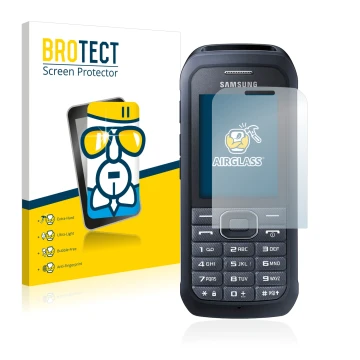 Front side of a product packaging with the brand logo BROTECT. Next to it is the device Samsung Xcover 550 shown with the corr