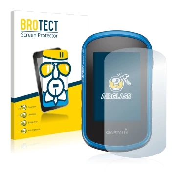 Front side of a product packaging with the brand logo BROTECT. Next to it is the device Garmin eTrex Touch 25 shown with the c