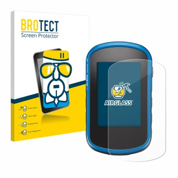Front side of a product packaging with the brand logo BROTECT. Next to it is the device Garmin eTrex Touch 35 shown with the c