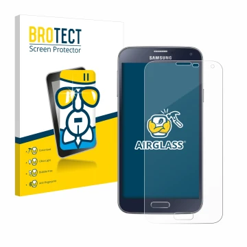 Front side of a product packaging with the brand logo BROTECT. Next to it is the device Samsung Galaxy S5 Neo shown with the c