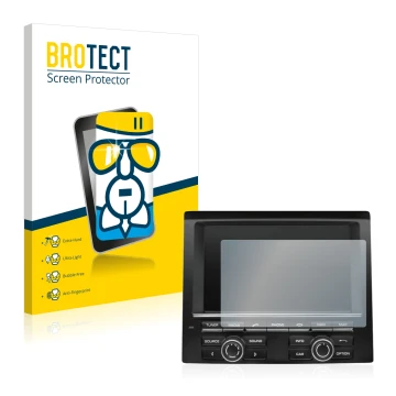 Front side of a product packaging with the brand logo BROTECT. Next to it is the device Porsche PCM Macan 2015 shown with the 