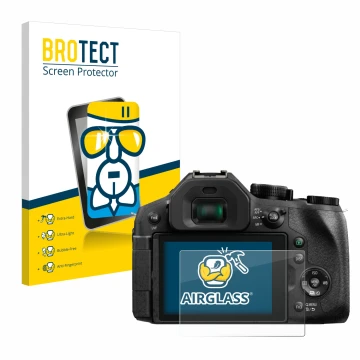 Front side of a product packaging with the brand logo BROTECT. Next to it is the device Panasonic Lumix DMC-FZ300 shown with t
