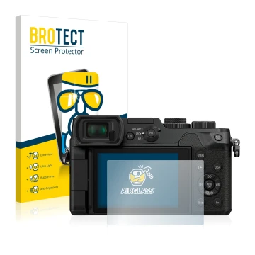 Front side of a product packaging with the brand logo BROTECT. Next to it is the device Panasonic Lumix DMC-GX8 shown with the