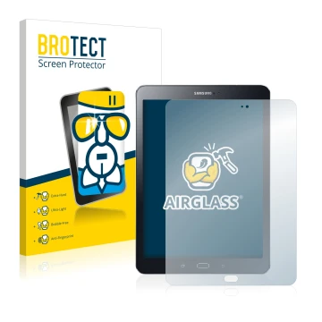 Front side of a product packaging with the brand logo BROTECT. Next to it is the device Samsung Galaxy Tab S2 9.7 shown with t
